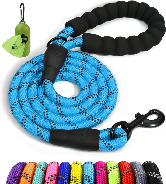 Rope Dog Leash 6 FT with Comfortable Padded Handle, Highly Reflective Threads Leash for Medium Large Dogs, 1/2 Inch, Blue